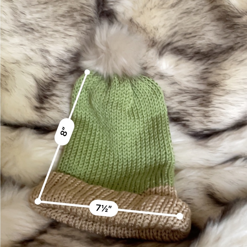 Pistachio Green and Country Beige Beanie w/ Grey Pom Pom - Hand Knit By Douglas - Picture 3 of 3